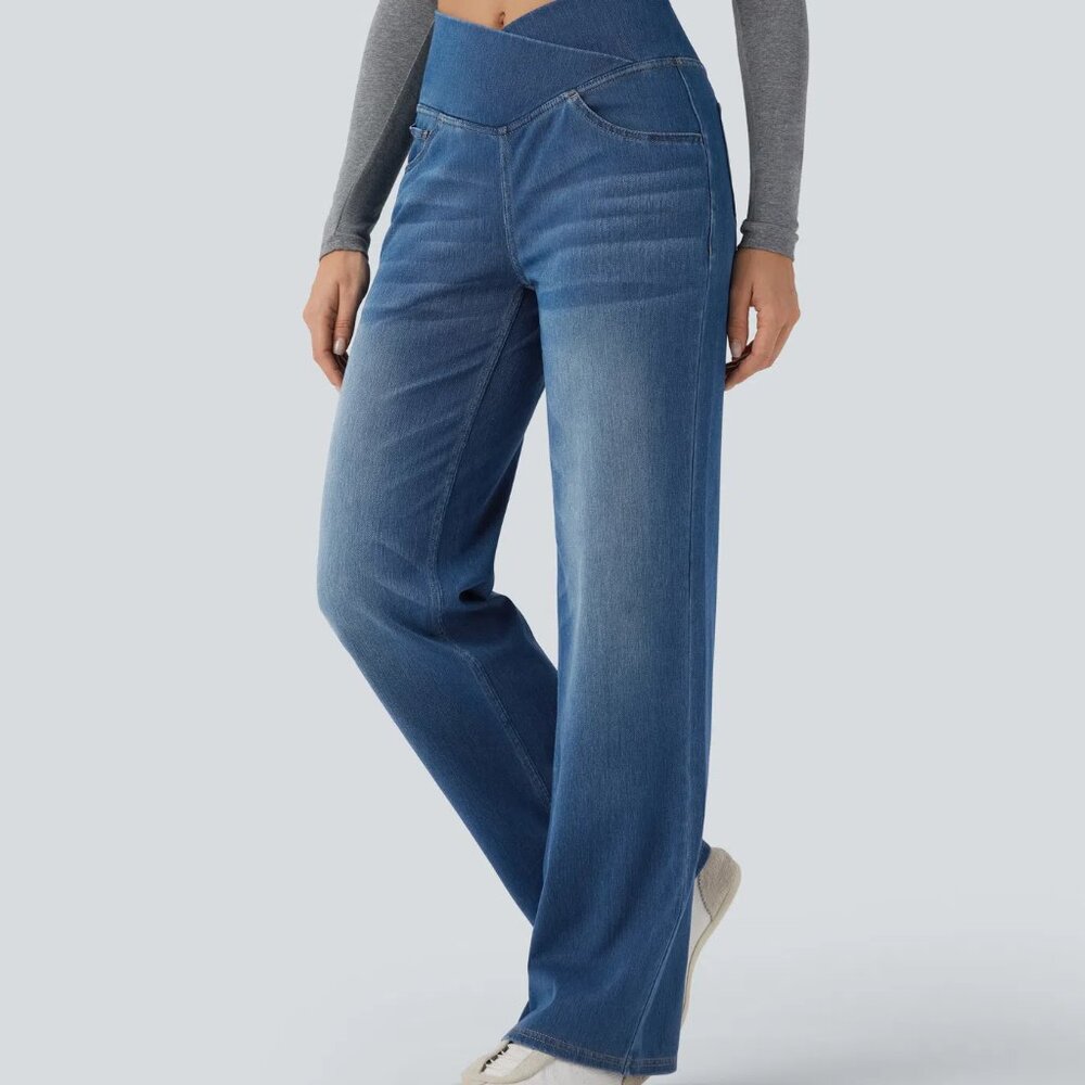 Halara Flex™ Crossover High Waisted Tummy Control Casual Straight Leg Jeans